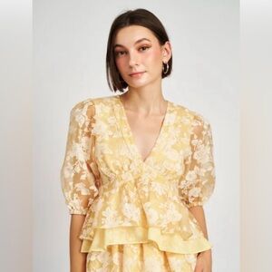 En Saison Butter Yellow Floral Ruffle Feminine Girly Cottage Core Top